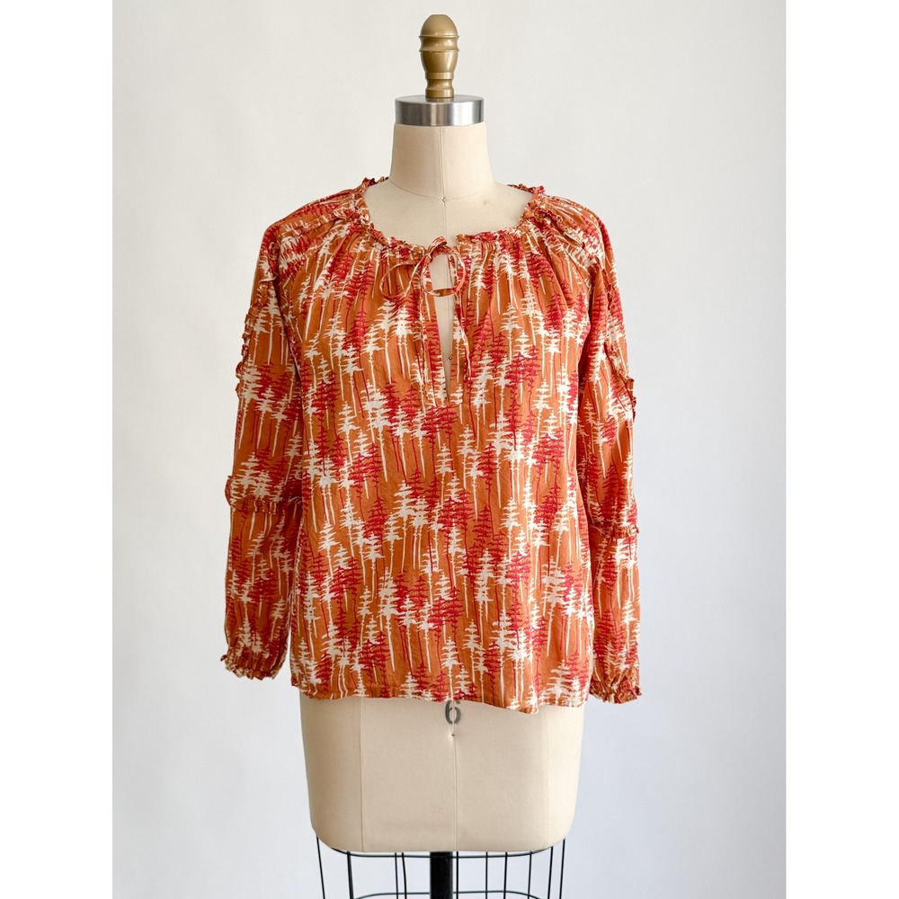 Boho Cottagecore Olivia James The Label Blouse XS Orange Pine Tree Ruffle Top
